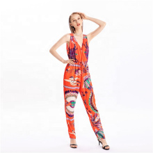 Hot Sale Summer Adult Satin Printed V Neck Sleeveless Jumpsuits For Women